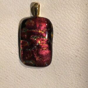 Blood Red  Art Glass Pendant with Gold Bail and Gold Crackle